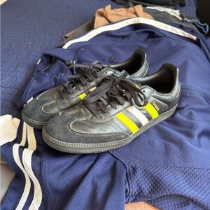 adidas Samba Black Leather Sneakers with neon green & White Stripes